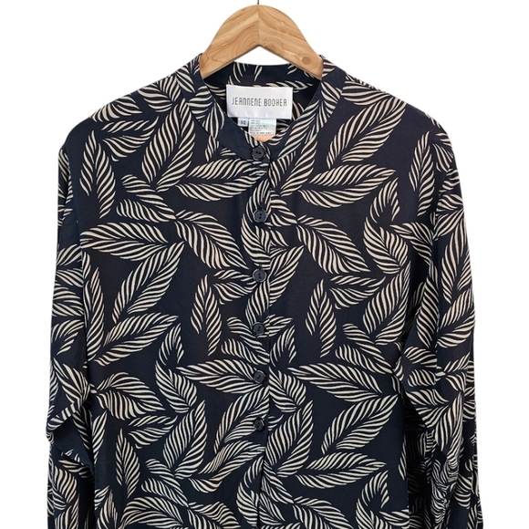 Jeannene Booher Silk Leaf Print Shirt Womens Sz 14 Black Button Up Split Hem - Picture 6 of 12